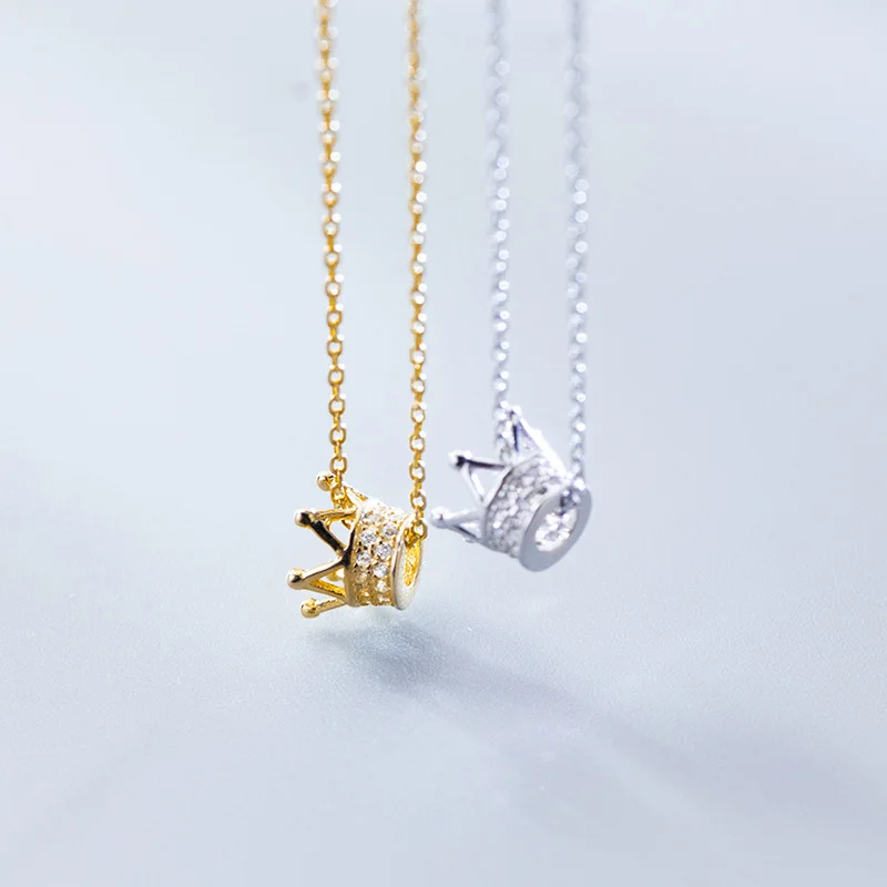 

925 Sterling Silver Rhinestone Crown Pendant Necklaces Jewelry Females Gifts