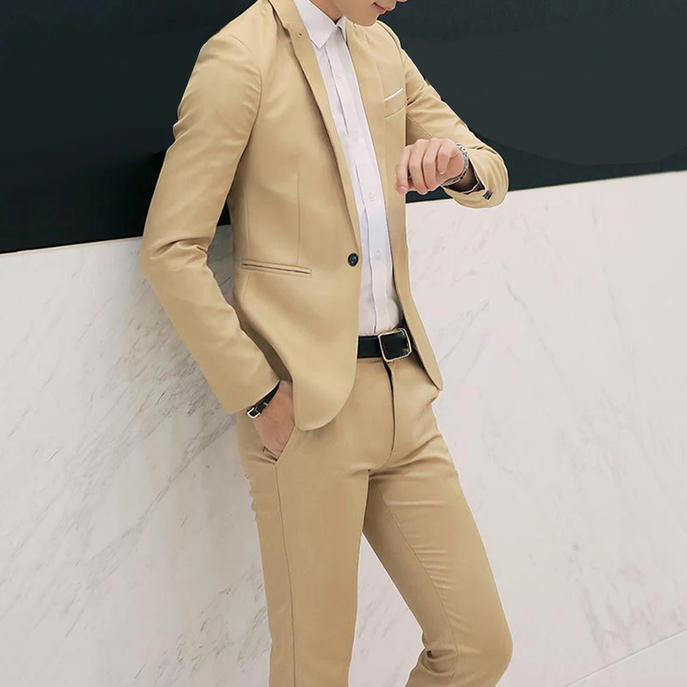 Men Suit 2Pcs Office Business Solid Color Blazer Pants