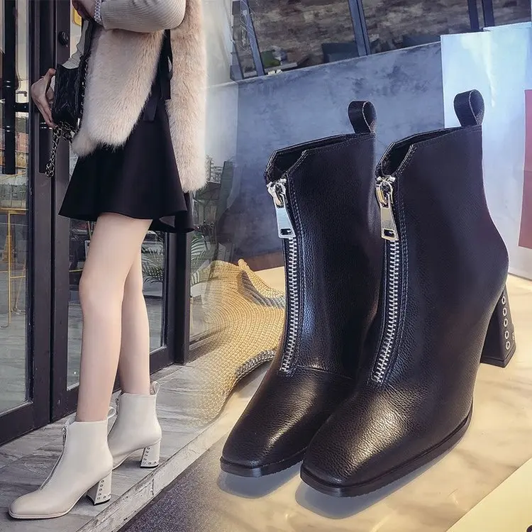 

Square Toe PU Retro Ankle Boots Women Rivet High Solid Chelsea Boots Square Heel Zip Casual Fashion Winter Shoes Plus Size
