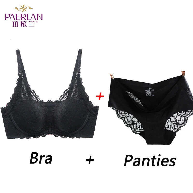 Black Set PAERLAN принцесса кружева, съемный плечевой ремень, 5/8 чашки, Тонкий Топ и толстый, бесшовные, без стального кольца, собранное нижнее белье - Цвет: Black Set