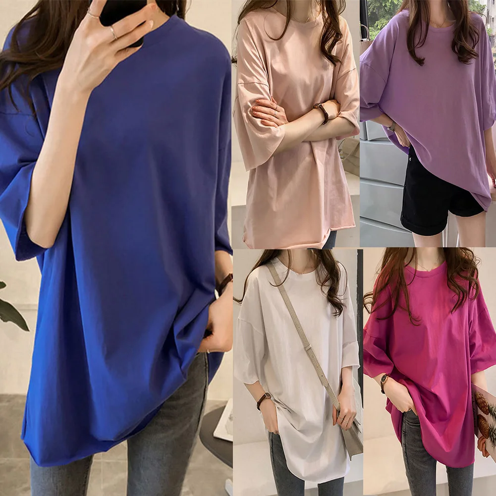 

Summer 2019 Fashion Hot Sales Droppshiping Women Short Sleeve Round Collar Loose T-shirt Solid Color Top for Summer Beach d88