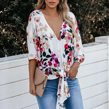 

Spring 2020 New Explosion Fashion V-neck Knot Print Loose Casual Women's Top women tshirt harajuku shirt plus size women