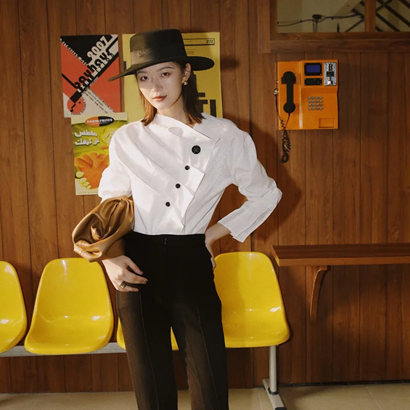 

Fold Sloping Shoulder Button Decoration Tops Solid Oblique Collar Patchwork Slim Type T Shirt Commuting Street Temperament Tops