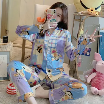 

Pajama Suit Print Flower Long Sleeve 2pcs Shirt+pants Nightwear Casual Women Pajamas Set Silk Sleep Wear