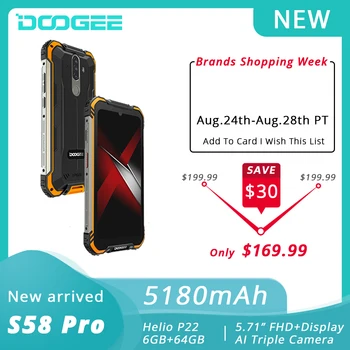 Перейти на Алиэкспресс и купить DOOGEE S58 Pro Мобильный Телефон IP68/IP69K водонепроницаемый прочный телефон 5180 мАч 5,71 дюймFHD + дисплей 6 ГБ + 64 ГБ Android 10 NFC Смартфон