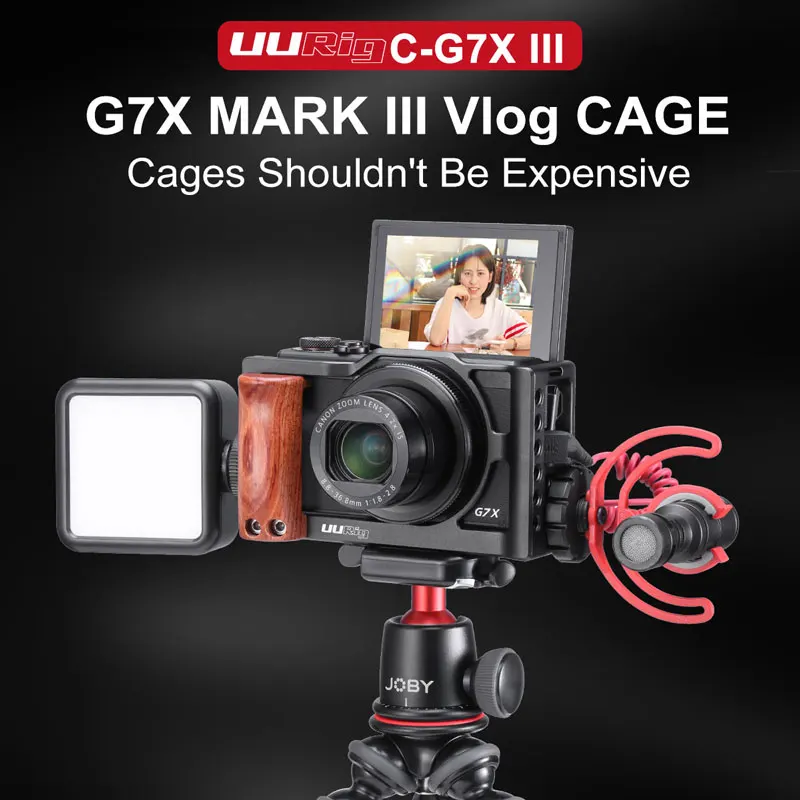 

UURig C-G7X Mark III Metal Cage Vlog Camera Case Protective Housing Frame Wooden Handle Cold Shoe Mount DSLR Camera Hand Grip