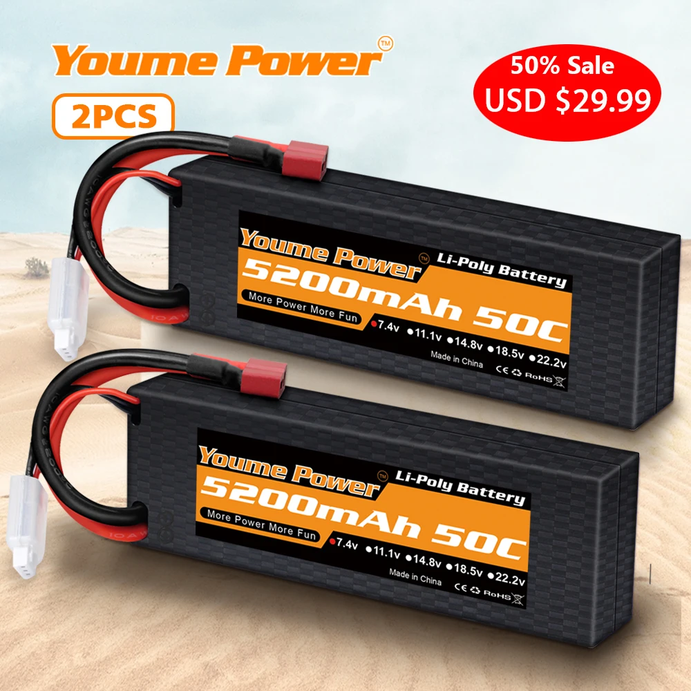 2pcs Youme 2S Lipo Battery 7.4V 5200mah hard case 50C for traxxass RC Car truck Monster with Deans TRX connector Arial Losi | Игрушки и