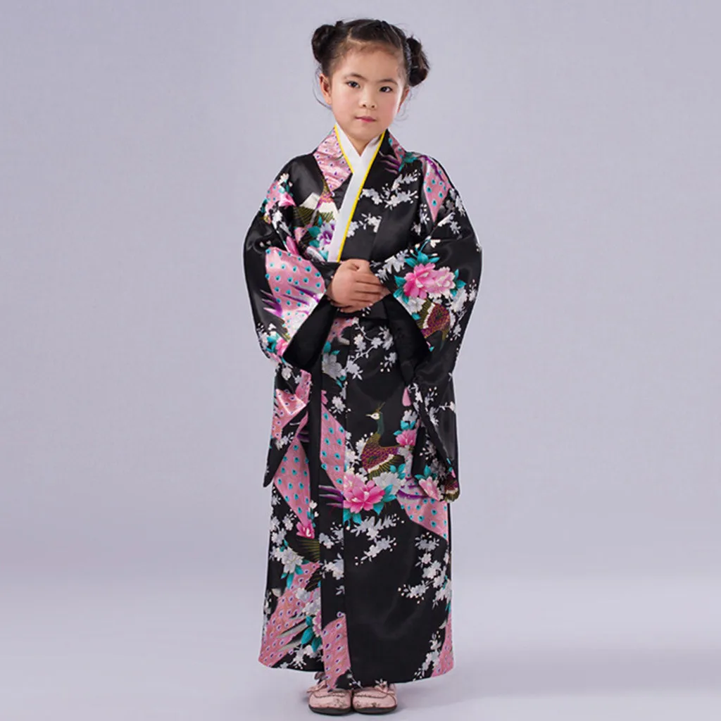 Home&Nest Loose Style Japanese Satin Peacock Print Dress Toddler Kids Baby Girls Outfits Clothes Kimono Robe Traditional Costume