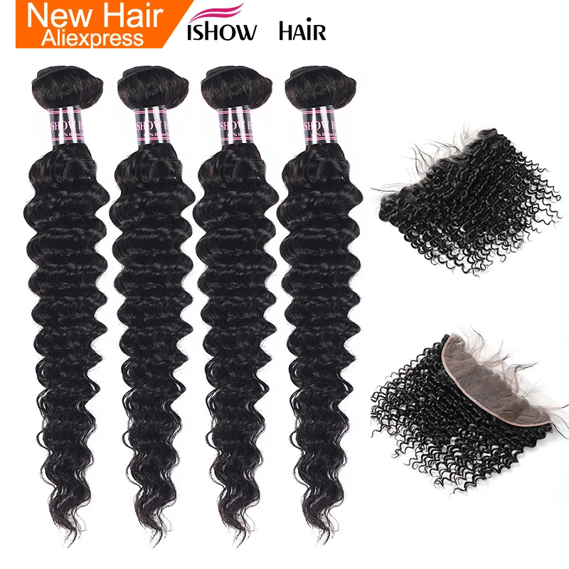 

Ishow Pre-Colored Peruvian Deep Wave Human Hair Bundles With Lace Frontal Closure Non Remy 4 Bundles Hair Weave With Closure