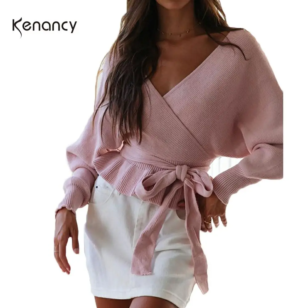 Kenancy Sexy Backless Wrap Bow Knitted Sweater Autumn Women'S Jumper Deep V-Neck Long Sleeve Pink Pullovers Pull Femme 4 Colors | Женская
