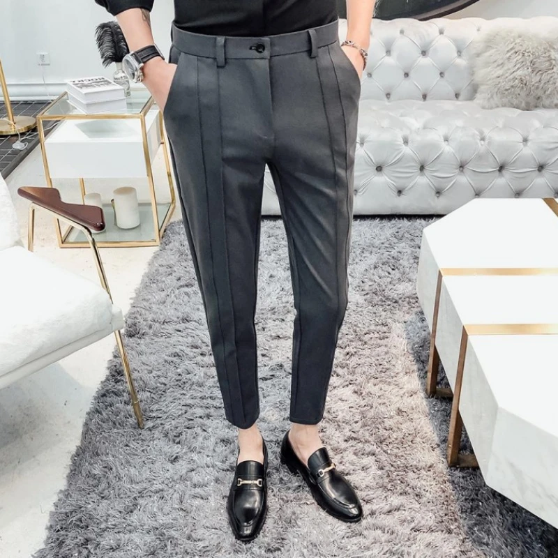 Pantalones ajustados de moda para hombre, pantalón de vestir de estilo británico hasta el tobillo, gris, informal, para oficina y negocios, 2019|Pantalones de traje| - AliExpress