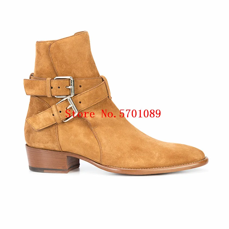 

Motorcycle Boots Buckle Straps Stacked Heel Suede Leather Anke Boots Biker Western Cowboy Rock Roll Chelsea Boots Shoes