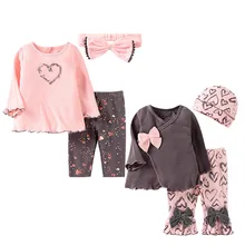 Милый комплект одежды для малышей, хлопковые костюмы для девочек, костюм для новорожденных, комплект из 3 предметов: топ с длинными рукавами+ штаны+ повязка на голову, Детский мягкий комплект одежды