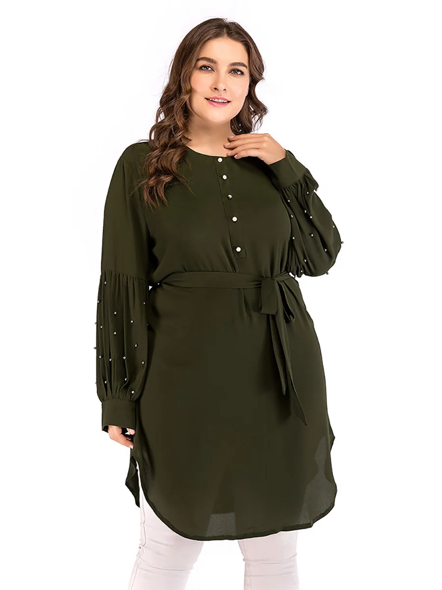 2072#Plus Size Fashion Design Blouse Mujer Chiffon High Quality Belt Tied Waist - CHAOMENG MUSLIM SHOP