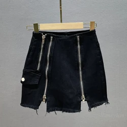 Zipper Split Fork Black Skirt for Women 2022 Spring Summer New High Waist Cotton Elastic Slimming Anti-Emptied A- Line Skirts