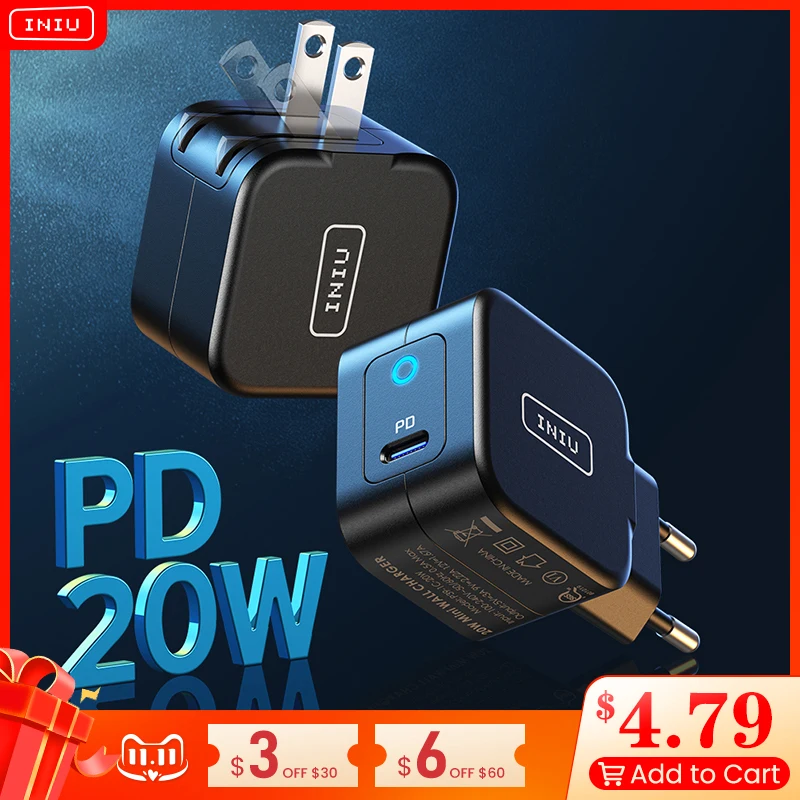 INIU PD 20W USB C Charger LED EU Plug Fast Phone Charge US Wall Adapter For iPhone 12 11 X AirPods iPad Huawei Xiaomi Samsung LG | Мобильные