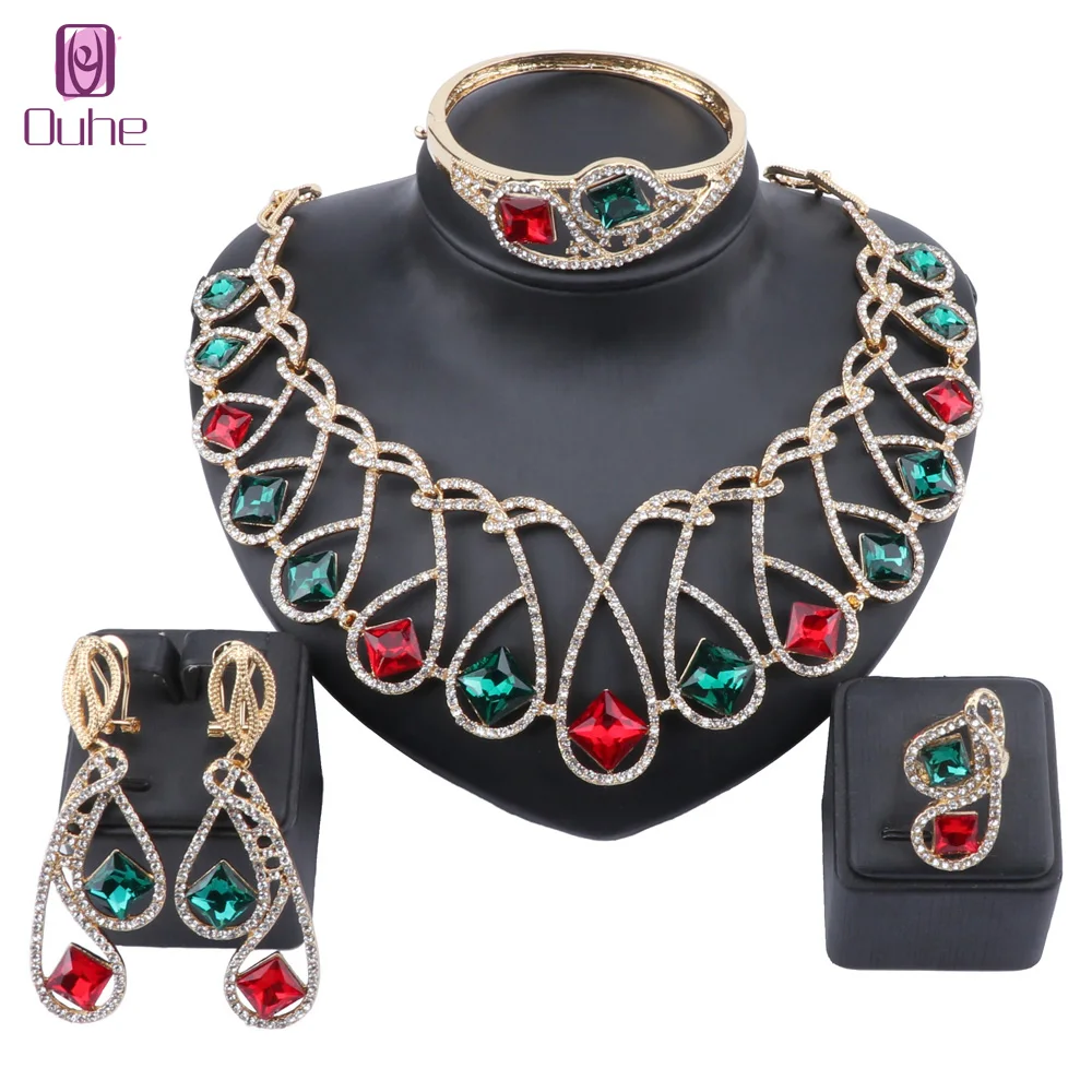 

African Beads Jewelry set Women Gold Color Gem Glass Crystal Wedding Party Necklace Bangle Earring Ring Fine Jewelry Set