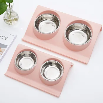 

Stainless steel pet double bowl Slope Design Pet Food Water Feeder For Dog Puppy Cats Pets Supplies Feeding Dishes Pet Bowl