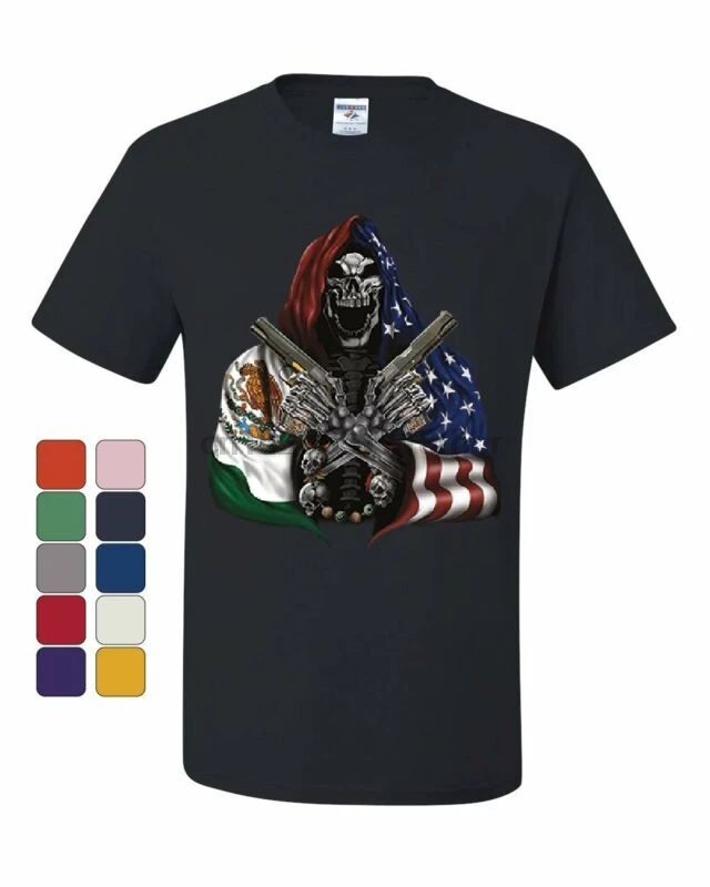 Skeleton Hitman with Guns T-Shirt American Mexican Flag Patriot Tee Shirt(1) |