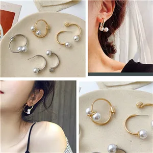 AOMU Korean Chic Style S925 Sterling Silver Pin Gold Metal Curved Wave Line Pearl Circle Earrings for Women Girl Jewelry Set