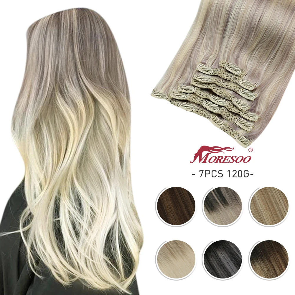 Hair Extensions Human Hair Clip in for Women 16-24 Inch Balayage Color Machine Remy Double Weft Invisible Seamless Hair Natural