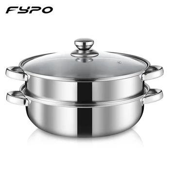 

Fypo Stainless Steel Steamer Gas Induction Cooker Soup Steamboat Pot 1/2 Toer Steamer with Glass Lid Kitchen Cookware Steamer