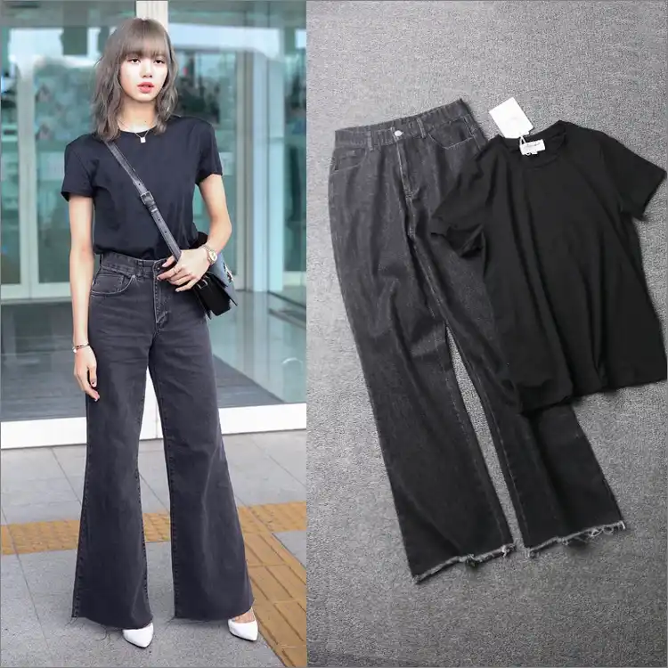Kpop韓国セレブ黒ファッションハイウエストワイド脚ジーンズ女性原宿スタイルゆるいレトロなストレートジーンズ女性のカジュアルパンツ ジーンズ Aliexpress