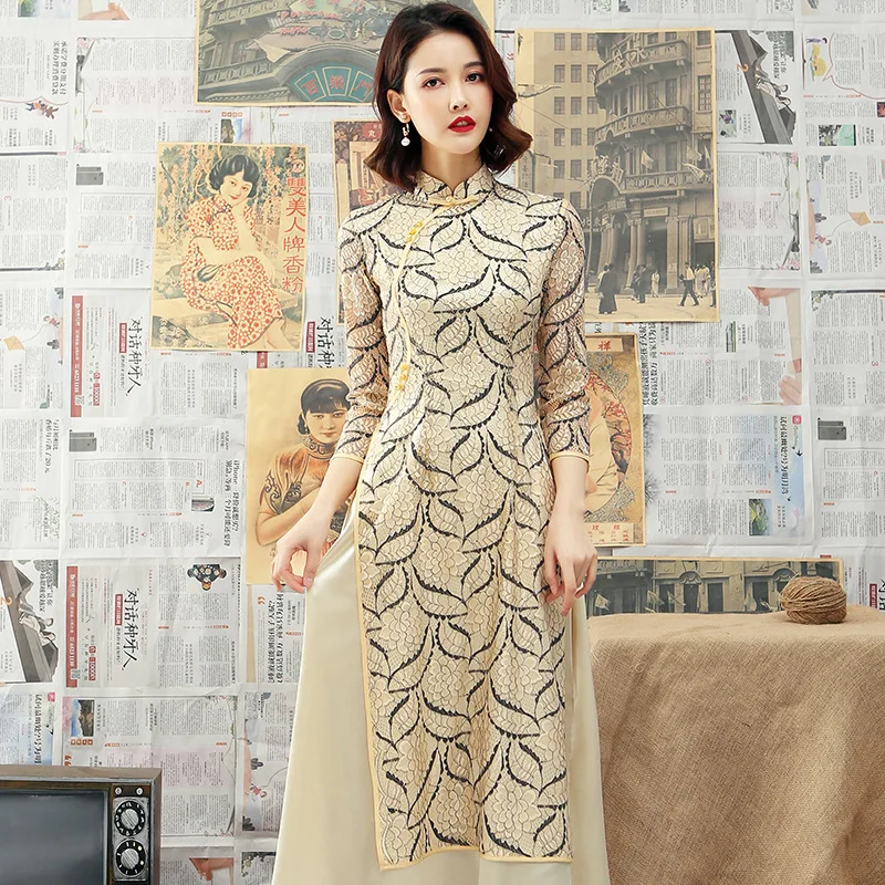 Зеленый Модный кружевной воротник мандарина Aodai традиционное китайское Ципао женское платье винтажное женское сексуальное платье с вышивкой Cheongsam Размер M-3XL