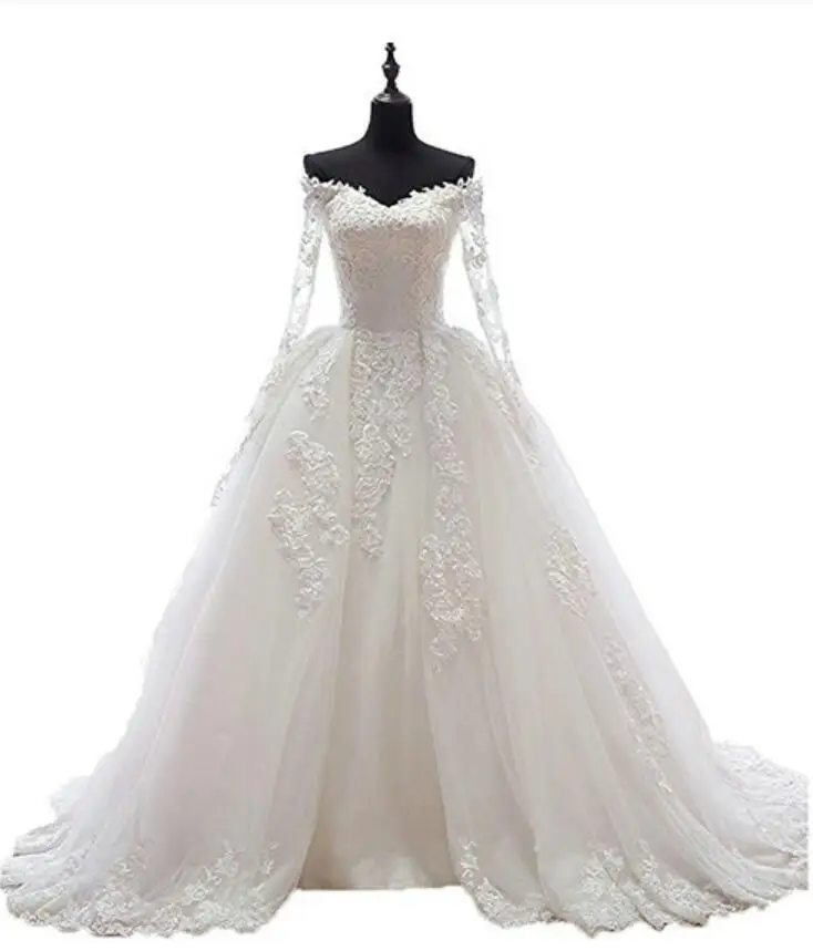 Robe de Mariee V-hals Kant Applicaties Tulle See Through Terug Baljurk Bridal Dress Lange Mouw Prinses Vintage Trouwjurk Robe de Mariee V-hals Kant Applicaties Tulle See Through Terug Baljurk Bridal Dress Lange Mouw Prinses Vintage Trouwjurk