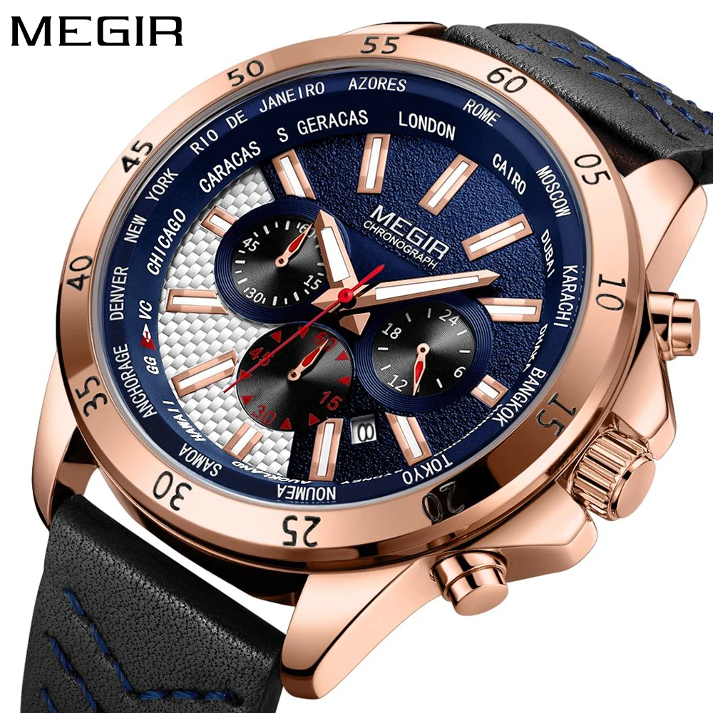 2020 Top Luxury Brand megir Fashion Blue Watches Men Quartz Watch Male Chronograph Leather WristWatch Relogio Masculino clock | Наручные