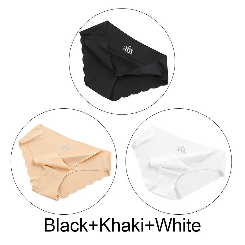 Black Khaki White 3 шт./лот бесшовные трусики с низкой посадкой нижнее белье, женские трусы-шортики, сексуальные трусики, короткий рукав, отделка рюшами белье M-XXXL большой Размеры женский Lntimates - Цвет: Black Khaki White