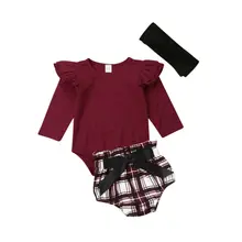 Комплекты одежды для новорожденных девочек, однотонный комбинезон с длинными рукавами, комбинезон, клетчатые шорты, штаны, повязка на голову, комплект одежды из 3 предметов