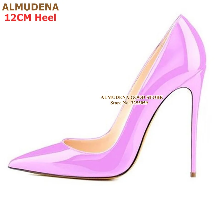 12cm heel as picture ALMUDENA/фиолетовые туфли-лодочки из лакированной кожи с острым носком свадебные туфли без застежки с закрытым носком 12 см вечерние туфли на высоком каблуке 10 см, 8 см туфли-лодочки, размер 45 - Цвет: 12cm heel as picture
