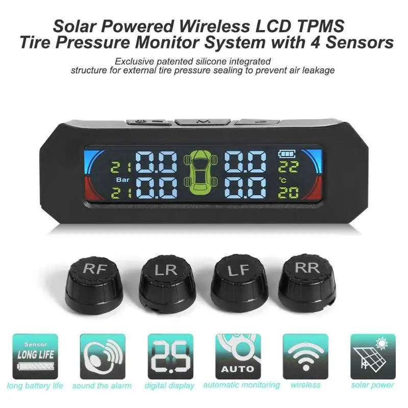 Солнечная цветная lcd TPMS беспроводная автомобильная система контроля давления в шинах с 4 датчиками Автомобильная сигнализация