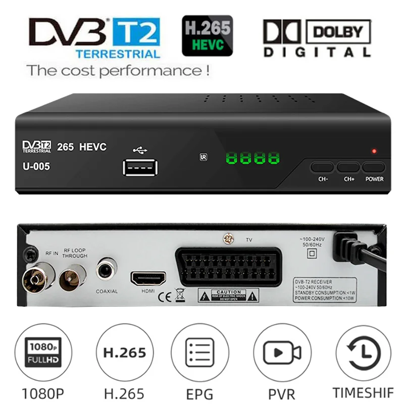 Europe 8bit HEVC DVB-T2 H.265 Broadcast Tuner DVB T2 Converter Box HEVC 265 TV Decoder DVBT2 Digital TV Box Terrestrial Receptor