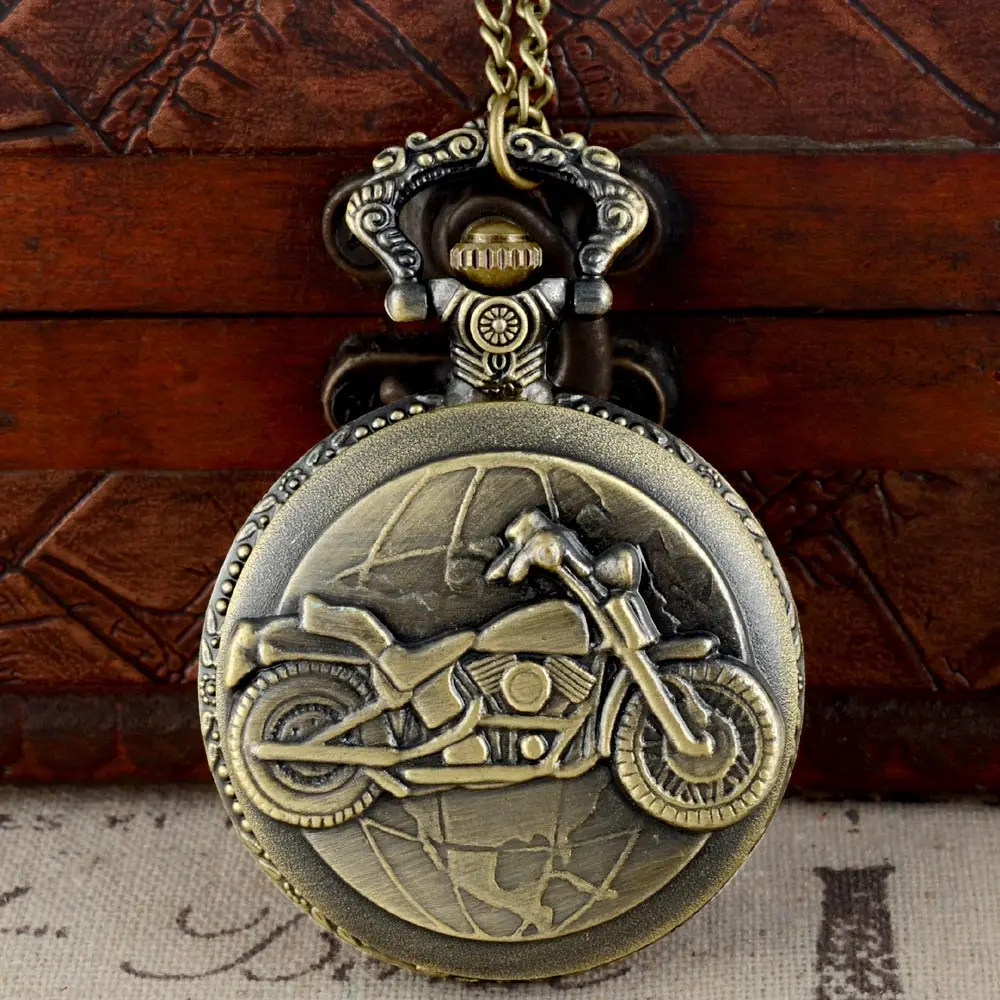 

IBEINA Bronze Color Pocket Watch Motorcycles Pattern Relogio De Bolso Quartz Watch With Necklace Quartz Clock