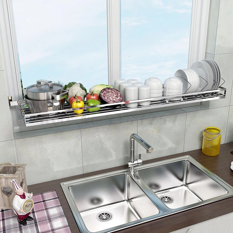 

304 Kitchen Sink Above Wall-mounted Leaching Window Free Of Punching Stainless Steel Storage Rack kitchen organizer for sale