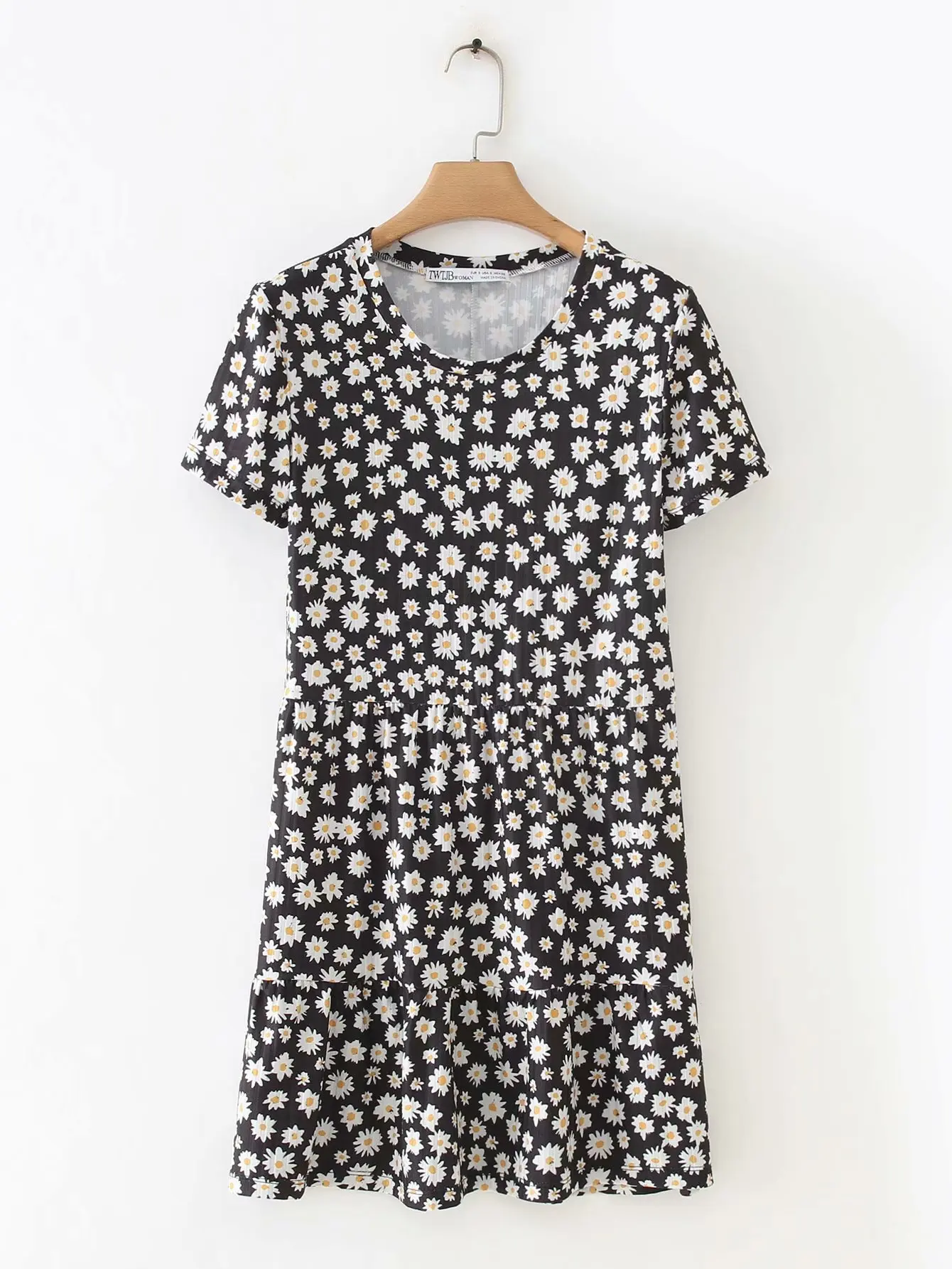 

2019 Spring Europe And America WOMEN'S Dress New Style Sunflowers Printed Crew Neck Short-sleeve Dress 8861