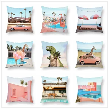 

Ins Style Cushion Cover Giraffe Tiger Dinosaur Decorative Polyester Pillowcase 45x45 for Living Room Sofa Couch Home Pink Decor
