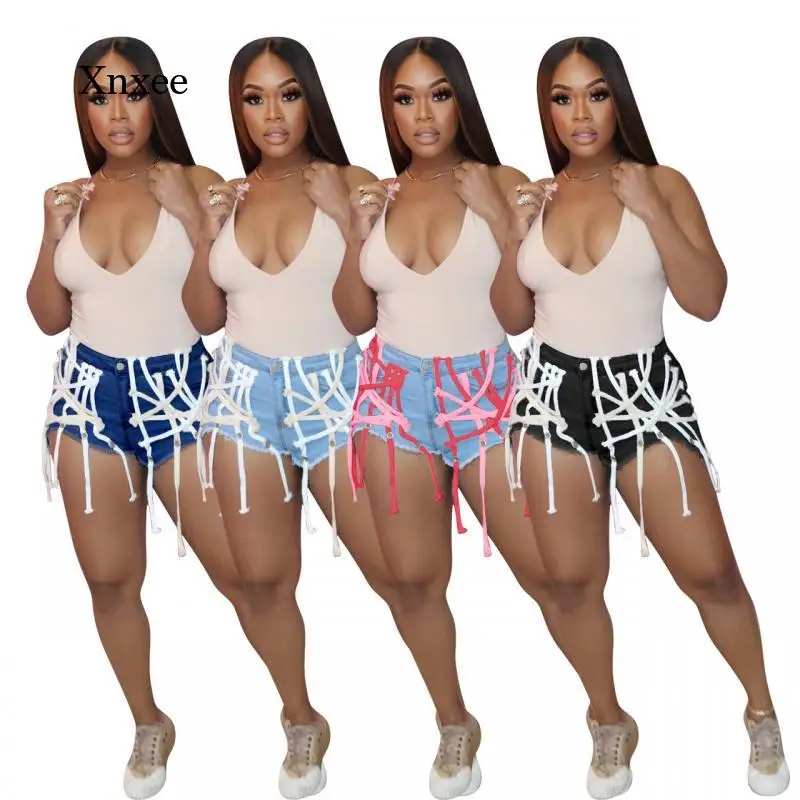

Новинка 2021, женские джинсовые шорты с завышенной талией, летние бандажные наряды для клувечерние, короткие джинсовые брюки на шнуровке, сексуальная одежда