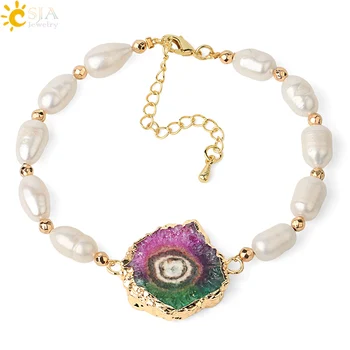

CSJA Natural Stone Pearl Bracelets Geode Druzy Colorful Crystal Lobster Buckle Gold-color Copper Chain Charm Women Bangles G449
