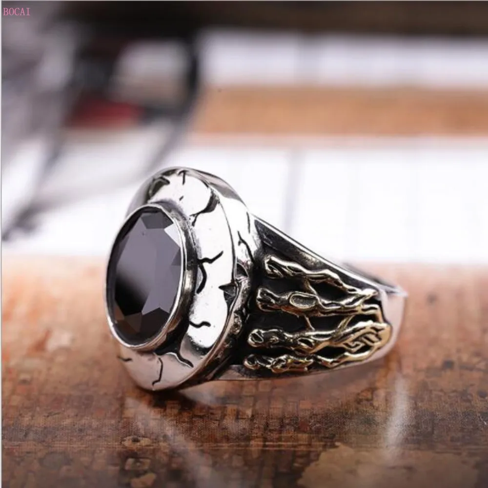 Новая мода S925 стерлингового серебра ювелирные изделия ручной орнамент черный натуральный камень Прохладный ретро мужские кольца для мужчин