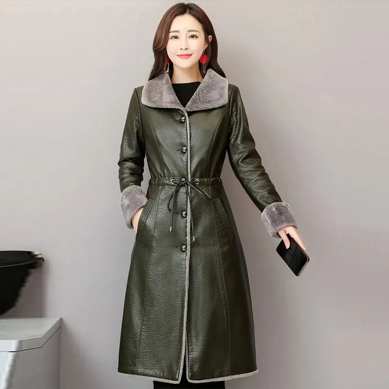 Модная куртка из овечьей кожи, зимняя куртка для женщин, осенняя куртка размера плюс 4XL, длинная теплая куртка, пальто для женщин, тонкая верхняя одежда из овечьей шерсти - Цвет: Dark green