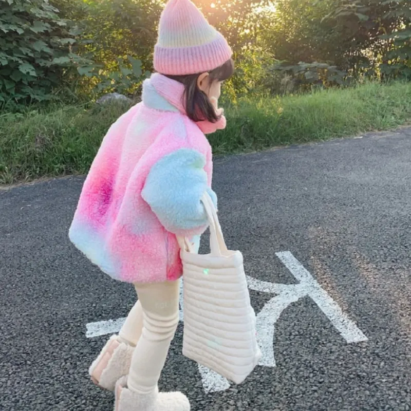 Fashion Baby Girl Tie Dye Fleece Jacket Infant Toddler Child Sheeplike Coat Spring Autumn Winter Outwear Baby Clothes 1-12Y