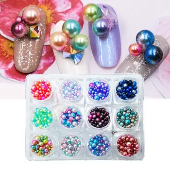 

1 Box 12 Colors Charms Gradient Pearls Round Shiny 3D Nail Art Beads Crafts DIY Jewelry Accessories