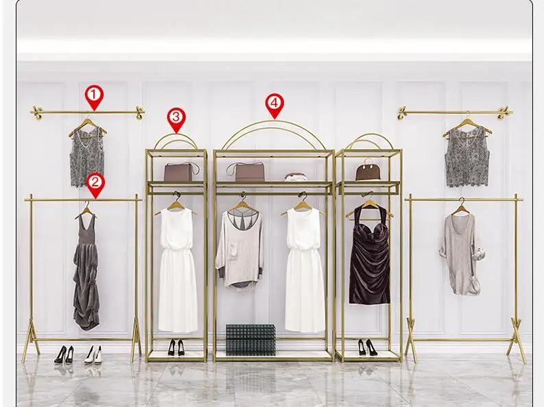Clothing display rack wall stainless steel gold middle island side hanging shelf of women's clothing store display shelves