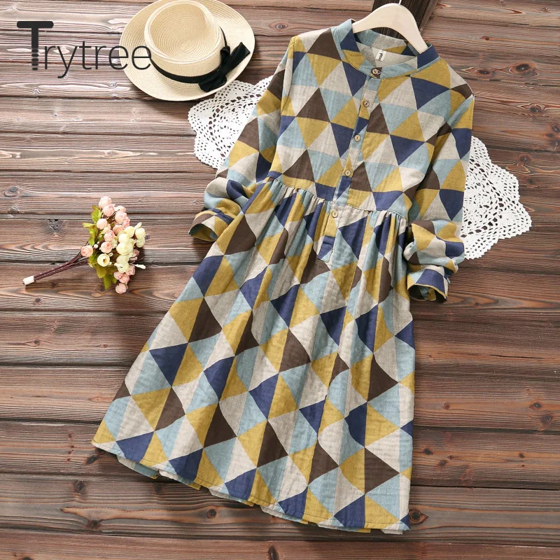 

Trytree 2019 Autumn Women Dress Casual O-Neck Colorful Geometric Shirt Dresses A-Line Knee-Length Button Office Lady Loose Dress