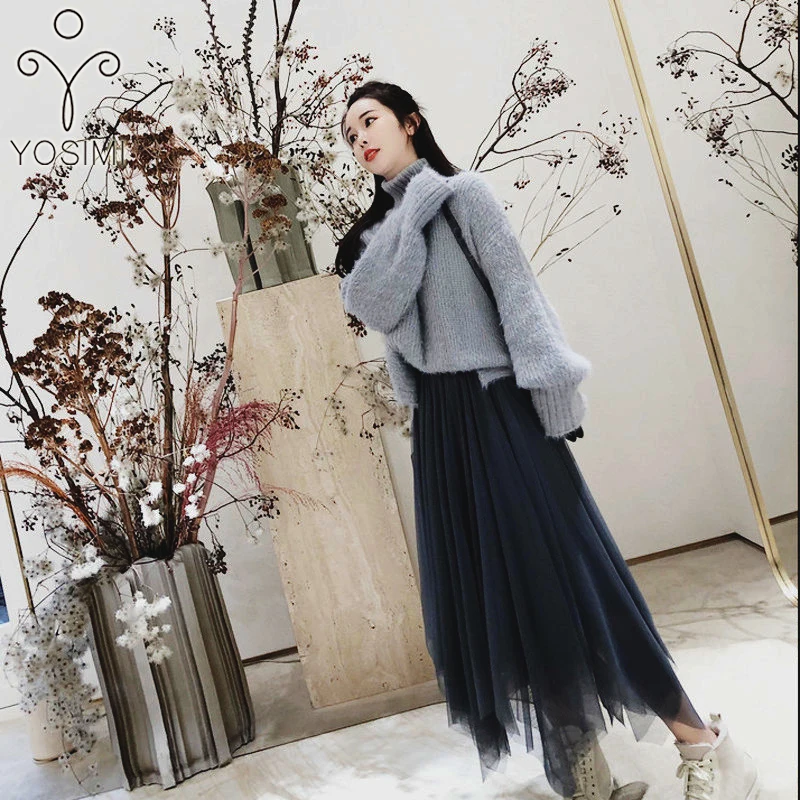 

YOSIMI Women Two Piece Outfits 2019 Autumn Winter Large Size Loose Cotton Turtleneck Full Sleeve Sweater and Mesh Skirt Mid-Calf