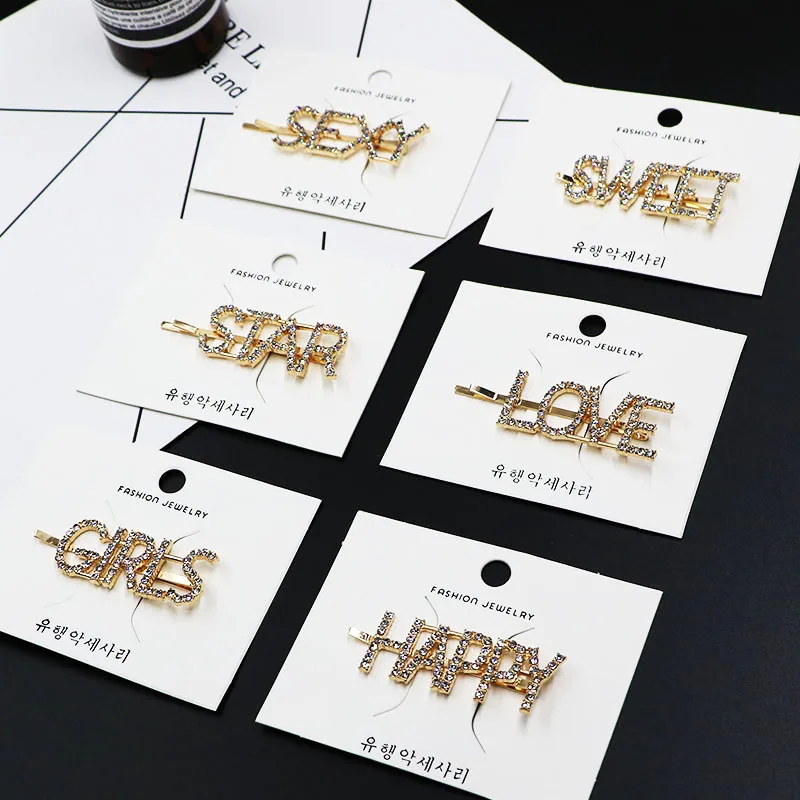 

2019 Ins Fashion Crystal Hair Clip Side Letter Hair Clips for Women Girls Statement Barrettes Gold Bobby Pins Hair Accessories