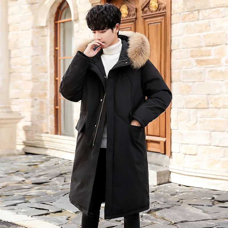 

Men Fur Collar down Jacket Mid-length Winter New Style Loose Thick Youth Casual Warm Solid Color Coat Men'S Wear